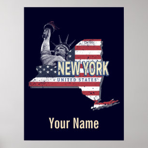 New York State United States Retro Map  USA Poster