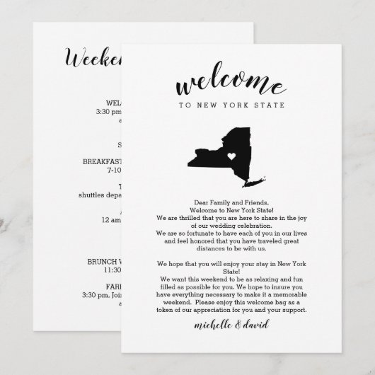 New York State Welkomstbruiloft Letter reisroute (Voorkant / Achterkant)