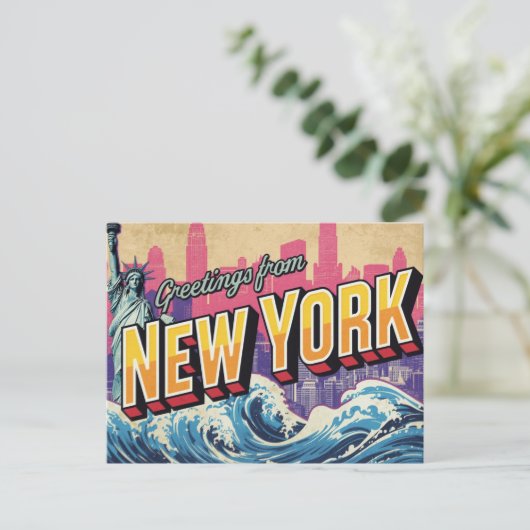 New York Statue Wave Skyline Briefkaart (Staand voorkant)