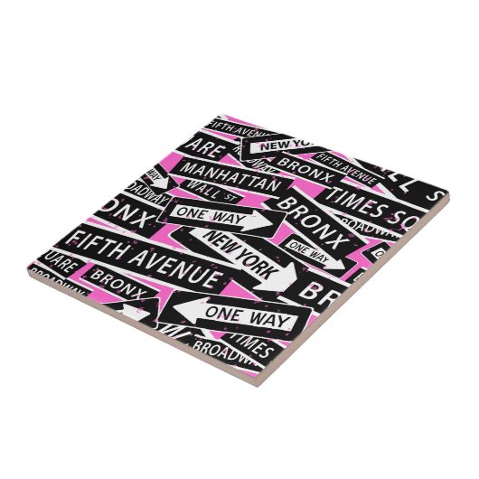 New York Street Signs Black White Pink Tegeltje (Zijkant)