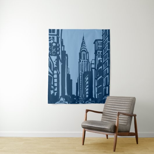 New York Street Tapestry Deep Blue Wandkleed (In situ)