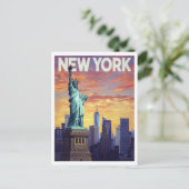 New York Travel Poster: Statue of Liberty Sunset Briefkaart (Staand voorkant)