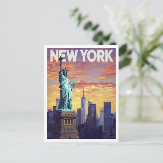 New York Travel Poster: Statue of Liberty Sunset Briefkaart (Staand voorkant)