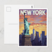 New York Travel Poster: Statue of Liberty Sunset Briefkaart (Voorkant / Achterkant)