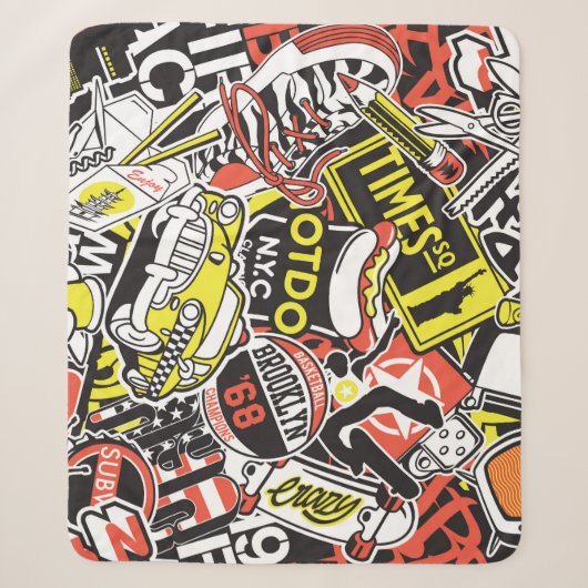 New York Urban: sticker patchwork. Sherpa Deken (Voorkant)