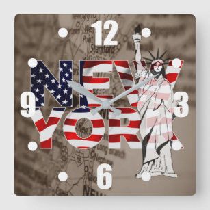 New York Vlaggenkaart Liberty Collage Vierkante Klok