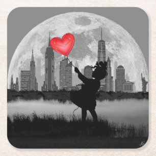 NEW YORK Volle Maan Meisje Hart Ballon Papieren On Kartonnen Onderzetters