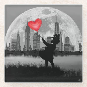 NEW YORK Volle Maan Meisje met Hart Ballon Onderze Glazen Onderzetter