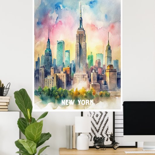 New York Waterverf schilderij Poster (Thuiskantoor)