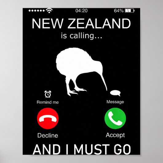 New Zealand Is Calling And I Must Go, Zealand Funn Poster (Voorkant)