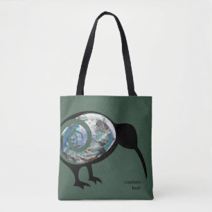NEW ZEALAND KIWI BIRD PAUA BLACK GREEN FERN KORU TOTE BAG
