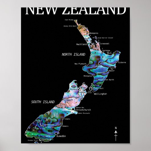 New Zealand Kiwi Detailed Map Poster (Voorkant)