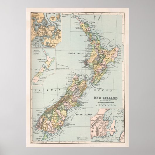 New Zealand Map (1892) New Zealander Poster (Voorkant)