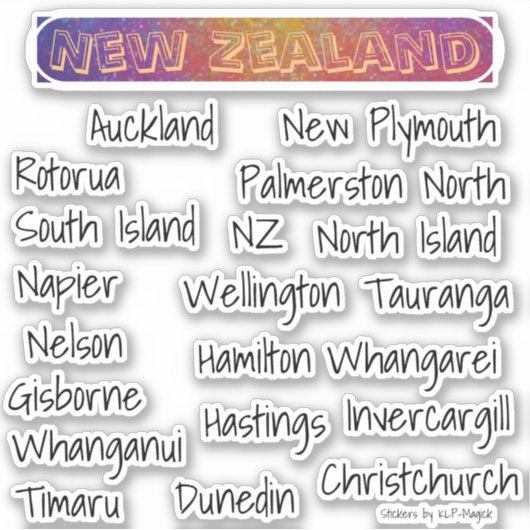 New Zealand Place Names - Towns & Cities Sticker (Voorkant)