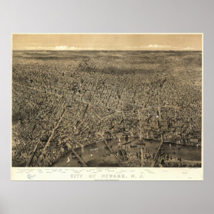Newark New Jersey 1874 Antiek Panorama Poster