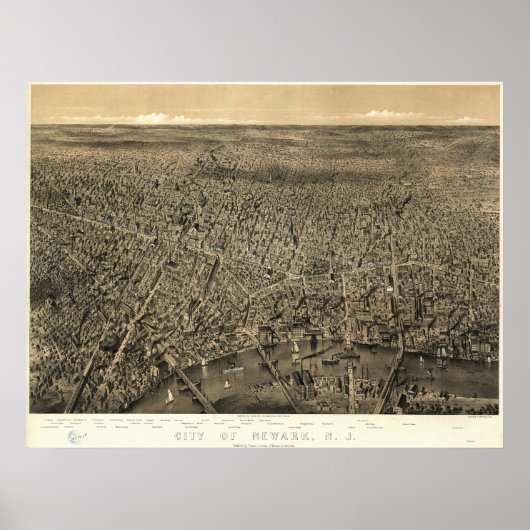 Newark New Jersey 1874 Antiek Panorama Poster (Voorkant)