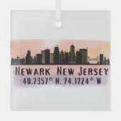 Newark NJ City Skyline Latitude en Lengtegraad Glas Ornament (Voorkant)