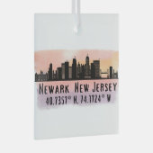 Newark NJ City Skyline Latitude en Lengtegraad Glas Ornament (Voorkant Rechts)