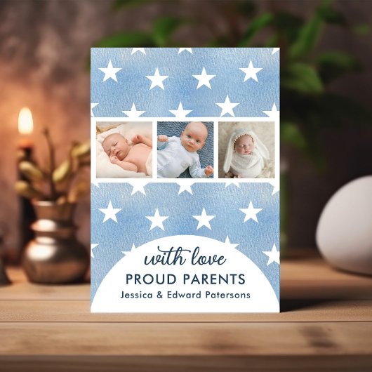 Newborn Aankondiging Fotocollage Blauw Wit