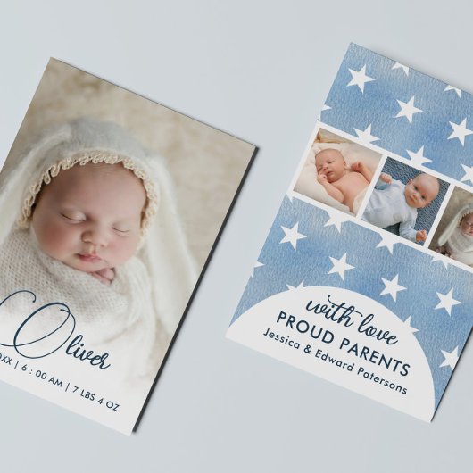 Newborn Aankondiging Fotocollage Blauw Wit