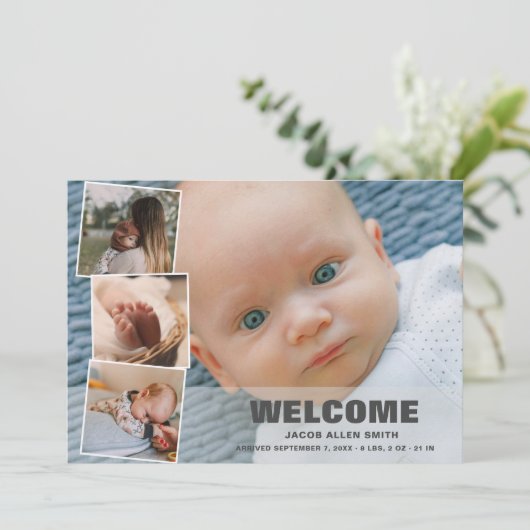 Newborn Baby 4 Foto Collage Birth Announding Feestdagenkaart (Staand voorkant)
