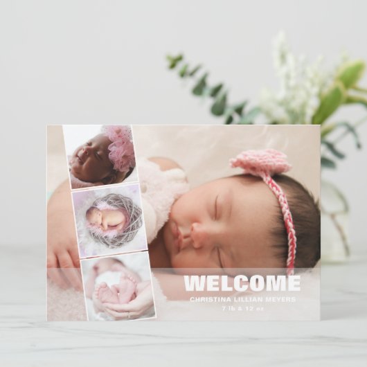 Newborn Baby 4 Foto Collage Birth Announding Feestdagenkaart (Staand voorkant)