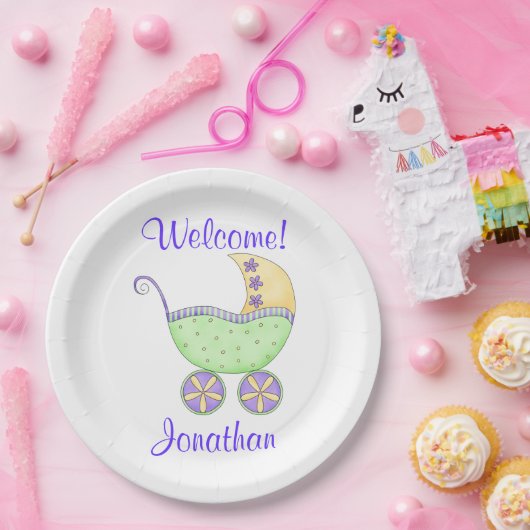 Newborn Baby Buggy Welcome Name Persoonlijk Papieren Bordje (Feest)