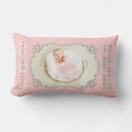 Newborn Baby Foto Monogram Blush Pink Green Lijst Kussen (Voorkant)