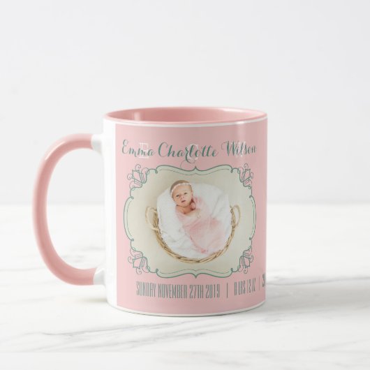 Newborn Baby Foto Monogram Blush Pink Green Lijst Mok (Links)