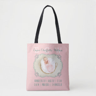 Newborn Baby Foto Monogram Blush Pink Green Lijst Tote Bag