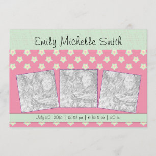 Newborn Baby Girl Green Dark Pink Stars Announceme Aankondiging