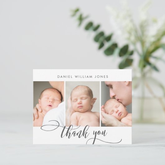 Newborn Baby Modern Script Fotocollage Dank u Briefkaart (Staand voorkant)