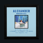 Newborn Baby Time Capsule Photo Wood Keepsake Blue Cadeaudoosje<br><div class="desc">This custom newborn baby keepsake gift box is perfect to keep mementos of your baby's first year: the ultrasound photo, the wristbands from the hospital, locks of hair, or a tiny pair of booties, and his or hers first photos. On the front, the box features the child's stats, including his...</div>