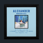 Newborn Baby Time Capsule Photo Wood Keepsake Blue Cadeaudoosje<br><div class="desc">This custom newborn baby keepsake gift box is perfect to keep mementos of your baby's first year: the ultrasound photo, the wristbands from the hospital, locks of hair, or a tiny pair of booties, and his or hers first photos. On the front, the box features the child's stats, including his...</div>