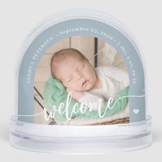 Newborn boy baby 2 photo welcome script keepsake sneeuwbol (Voorkant)
