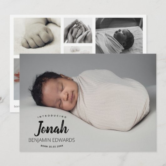 Newborn Boy Foto Collage Typografie Overlay Birth Aankondiging (Voorkant / Achterkant)