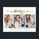 Newborn Photo Collage Modern Gold Script Thank You Briefkaart<br><div class="desc">Elegant Modern Kalligrafie Goud Script 3 Fotocollage Pasgeboren Baby Dank u Geboorte Aankondiging Briefkaart. Beschikt over een mooie "dank je" tekst in een handgeschreven kalligrafie swash tail font FAUX gouden folie script. Aan de achterkant pre-made persoonlijke boodschap. Geweldig voor baby jongen of baby meisje. Gemakkelijk te personaliseren met uw baby...</div>