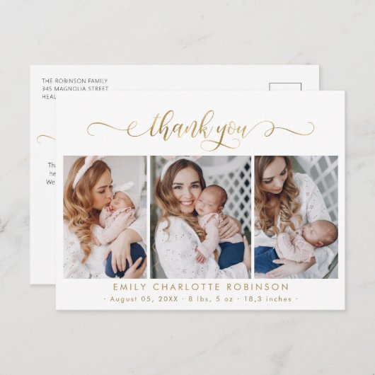 Newborn Photo Collage Modern Gold Script Thank You Briefkaart (Voorkant / Achterkant)