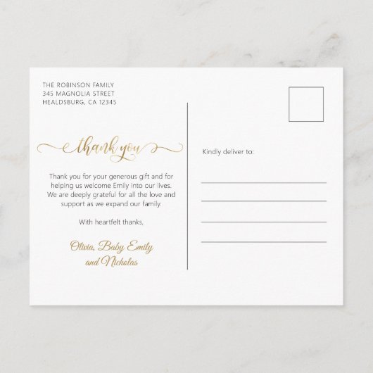 Newborn Photo Collage Modern Gold Script Thank You Briefkaart (Achterkant)