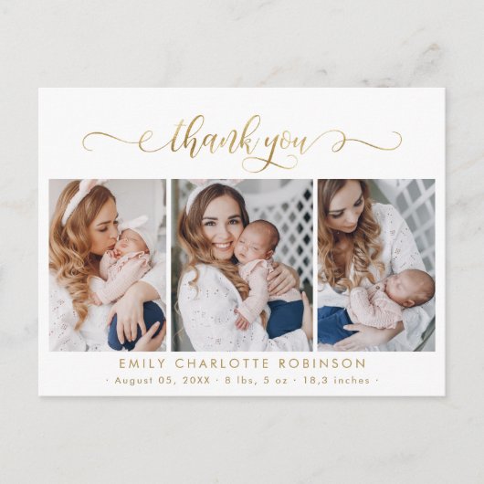 Newborn Photo Collage Modern Gold Script Thank You Briefkaart (Voorkant)