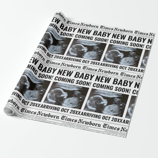 Newborn Times Newspaper Baby Photo Personalized Cadeaupapier (Uitgerold)