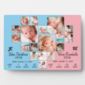 Newborn Twin Baby Stats Photo Collage Monogram Fotoplaat (voorkant)