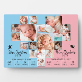 Newborn Twin Baby Stats Photo Collage Monogram Fotoplaat