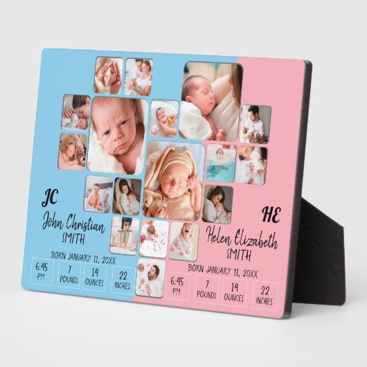 Newborn Twin Baby Stats Photo Collage Monogram Fotoplaat (Zijkant)