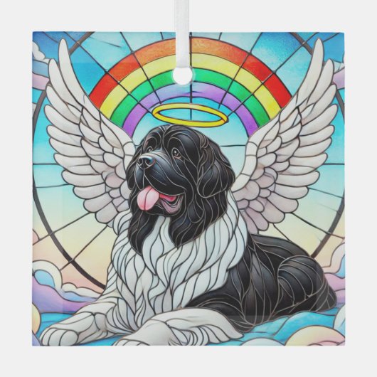 Newf Landseer Angel onder Rainbow Glass Ornament (Voorkant)