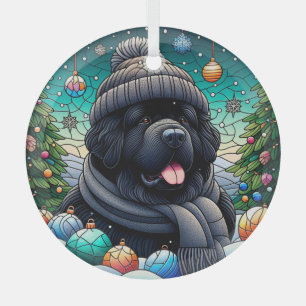 Newfie in Beanie Glass Ronde Ornament