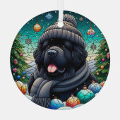 Newfie in Beanie Glass Ronde Ornament (Achterkant)