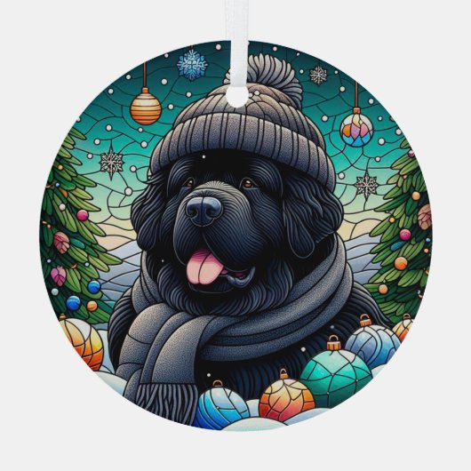 Newfie in Beanie Glass Ronde Ornament (Achterkant)