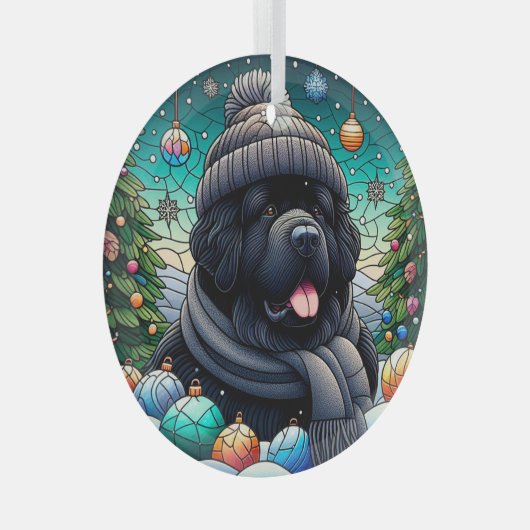 Newfie in Beanie Glass Ronde Ornament (Voorkant Rechts)