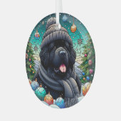 Newfie in Beanie Glass Ronde Ornament (Voorkant links)